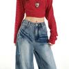 High-Waisted Wide Leg Jeans Women Vintage Washed Blue Denim Straight Fit Cropped To Floor Length Cotton Ripped Detail