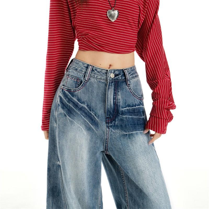 High-Waisted Wide Leg Jeans Women Vintage Washed Blue Denim Straight Fit Cropped To Floor Length Cotton Ripped Detail