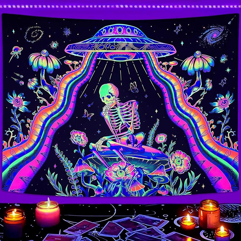 UV Reactive Blacklight Tapestry Trippy Skull Alien Mushroom 2D Flat Printed Peach Skin Wall Hanging Bedroom Aesthetic Room Decor