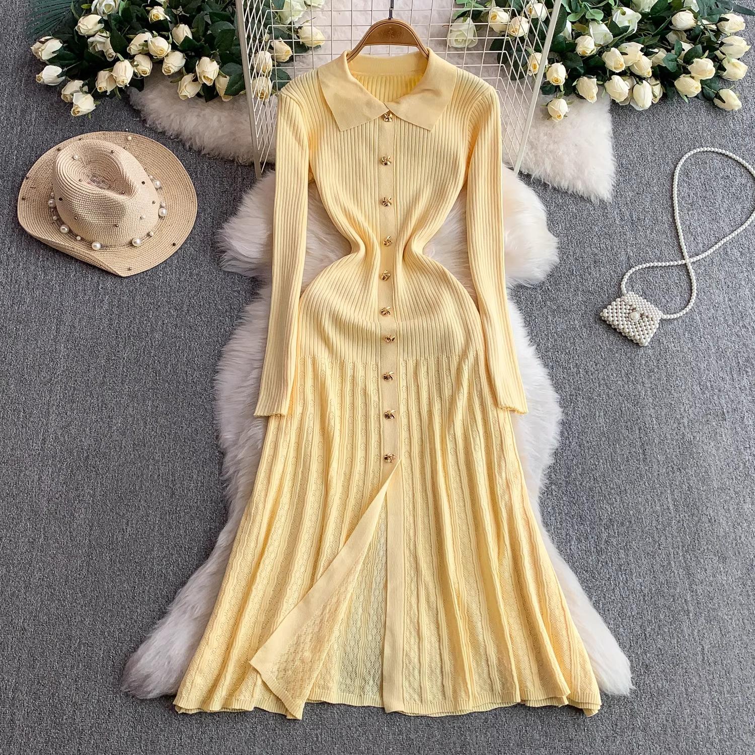 

Женское платье Осень Зима Винтажное с отложным воротником Длинное платье-свитер Элегантные платья для офисной леди Шикарные платья для вечеринки Vestidos One Size жёлтый