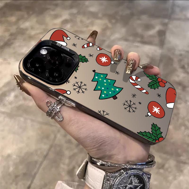 For iPhone 17 16 15 14 13 12 11 Pro Max 17 Air 16E X XS XR Case Merry Christmas Cartoon Christmas Tree Electroplate Silver Cover