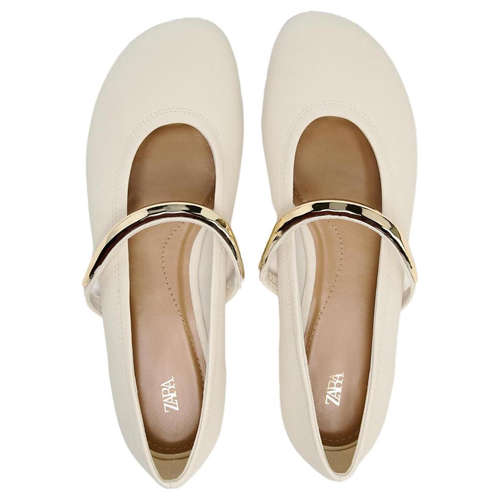 Zara Leather Mary Jane Flat Shoes With Metal Detail White Womens 1252051038