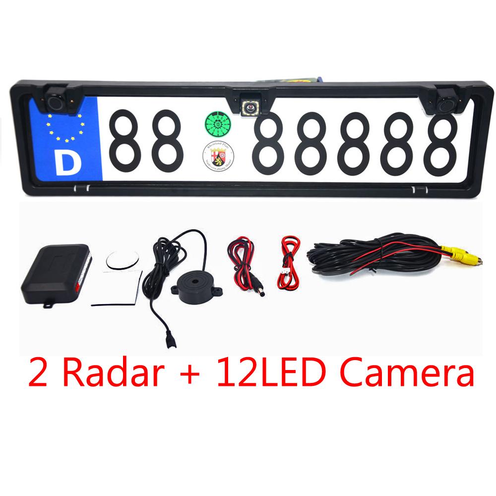 EU Europe Car License Plate Frame Rear View Camera 170 Degree Night Vision with 2 Visual Reversing Radar Detector