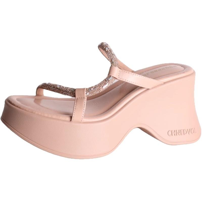 Thick-bottomed French rhinestone slippers for women's outer wear 2025 new summer retro comfortable versatile muffin bottom cool slippers