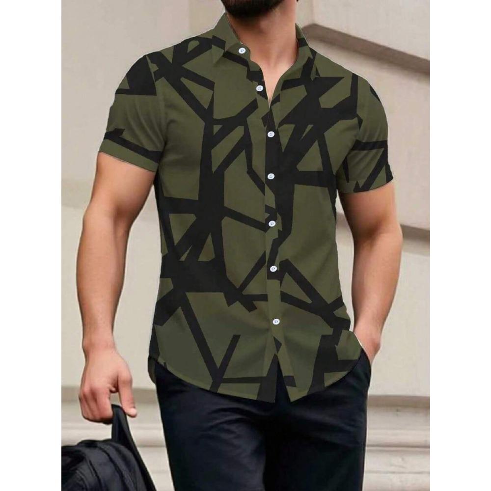 Spring Summer Men Spell Color Short Sleeve Shirt Men Casual 3D Digital Print Simple Style Shirt Tops 100% Polyester