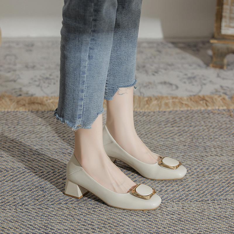 Super Soft Single Shoes Thick Heel New Summer Fairy Wind Ladyshoes Light Mouth Versatile Middle Heel Mother Shoes Large Size Women's Work Shoes