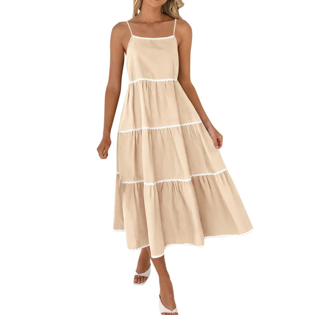 Women Summer Dresses Sling Dresses Solid Color Boho Long Dresses