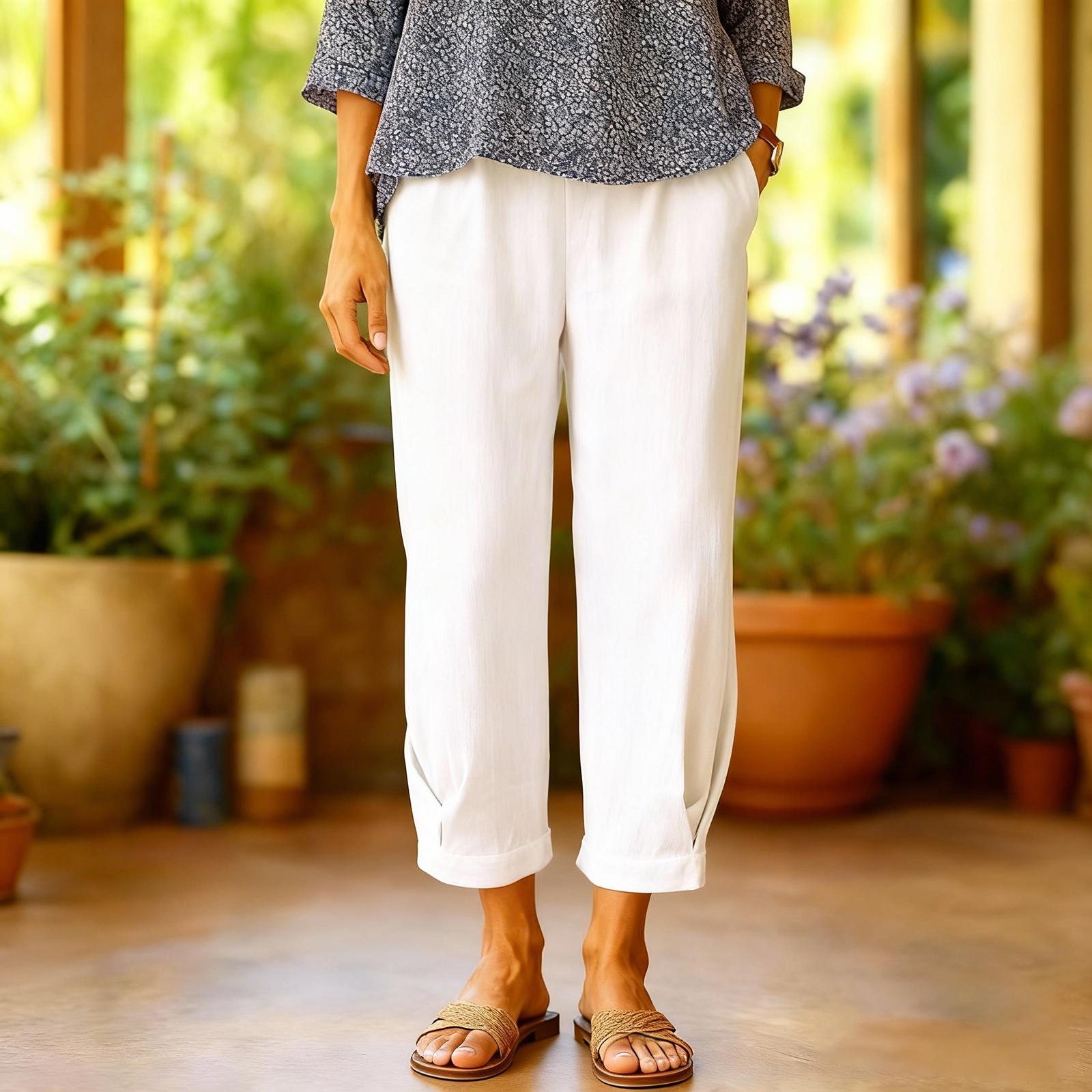 

Women s Cotton And Linen Loose Color Elastic Waist Pocket Straight Leg Casual Pants XL білий