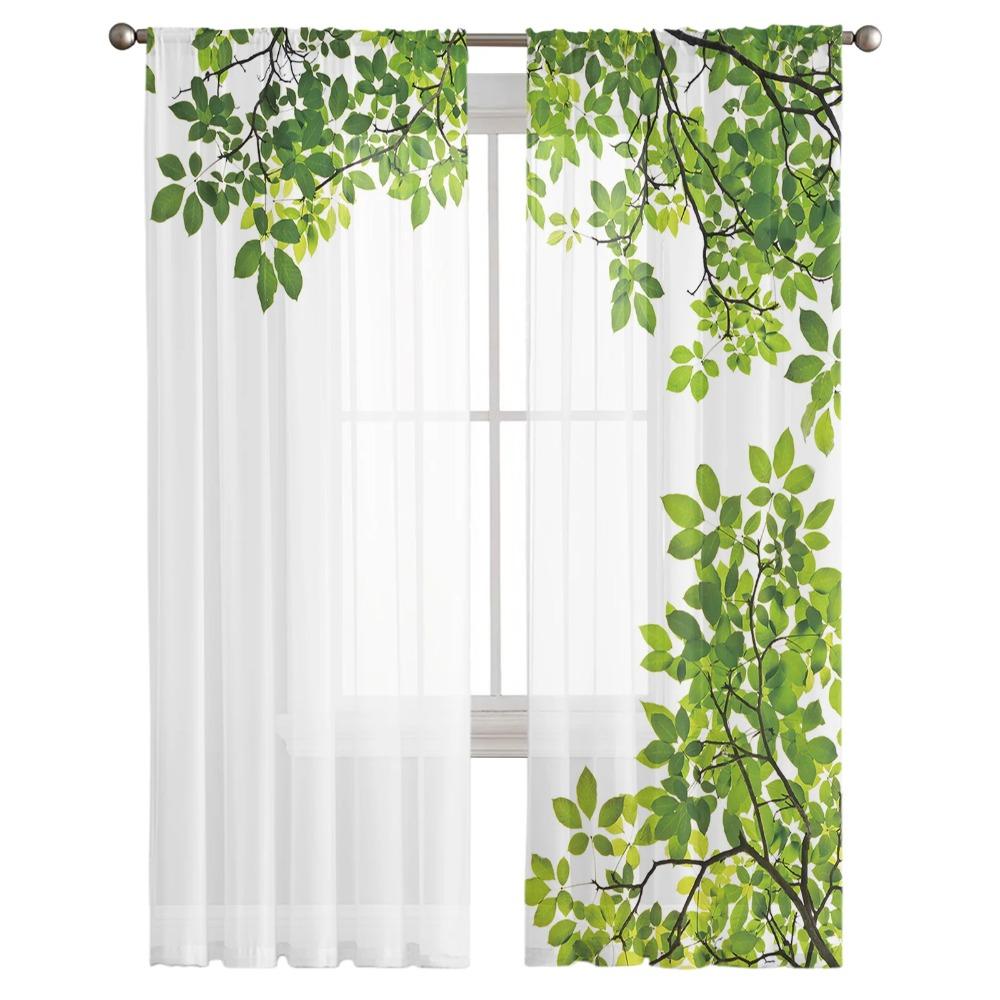Green Branches Plant Leaves Drapes for Living Room Bedroom Decoration Transparent Chiffon Sheer Window Curtain