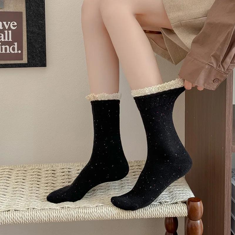 Solid Lace Ruffle Women Socks Japanese Fashion Middle-tube Lace Socks Women Korean Style Solid Color Black White Gray Long Socks
