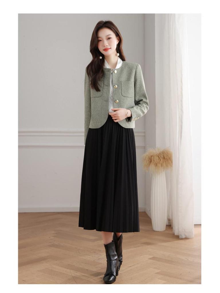 Women's French Style Round Neck Wool Tweed Jacket