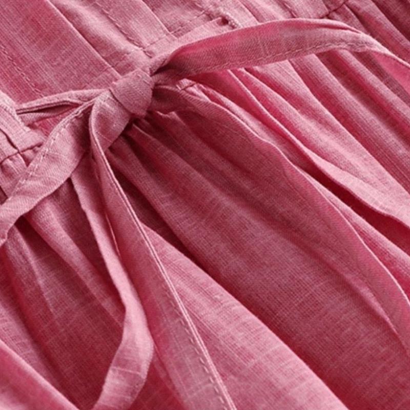 Women Round Collar Solid Color Dress Ladies Mid-length Waist Long Skirt Cotton A-Linen Dresses Women Clothing