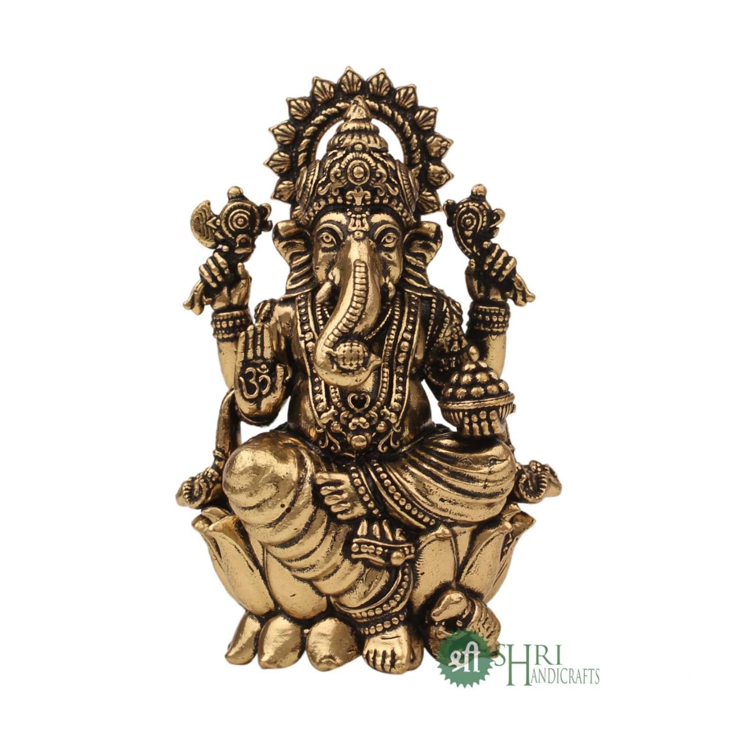

Pure Brass Ganesha Idol For Good Luck & Worship, Ganpati Hindu God Statue, Gold