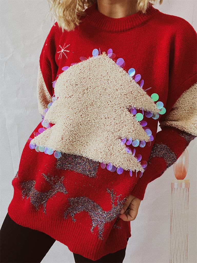 Christmas holiday sweater handmade sequined Christmas tree deer jacquard thick pullover sweater 3605
