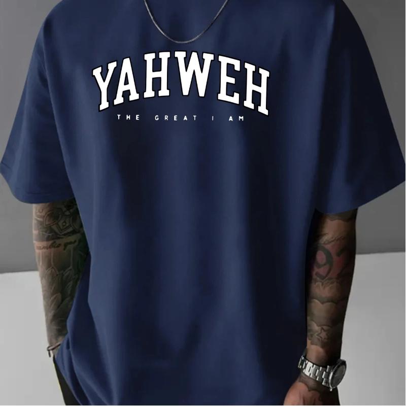 T-shirt Casual Sportiva alla Moda da Uomo Estiva in Puro Cotone con Stampa Lettere YAHWEH, Scollo Tondo, Maniche Corte, Vestibilità Larga