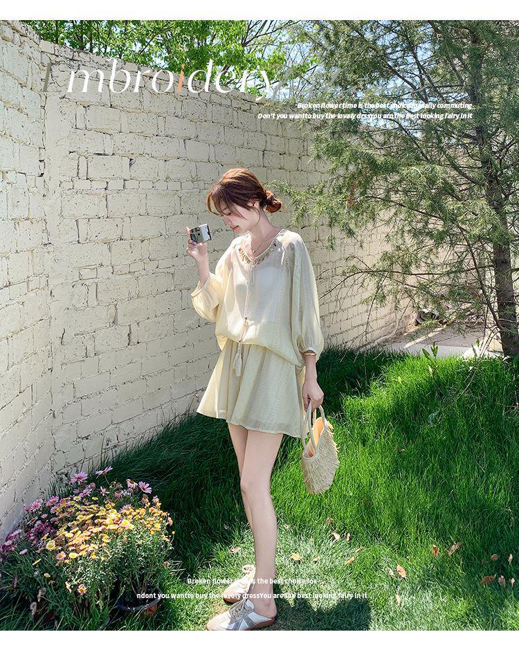 Korean Style Women's Summer Sun Protection Shirt & Shorts Set - Lightweight, Petite, Long Sleeve, Two-Piece, 2026 New Arrival