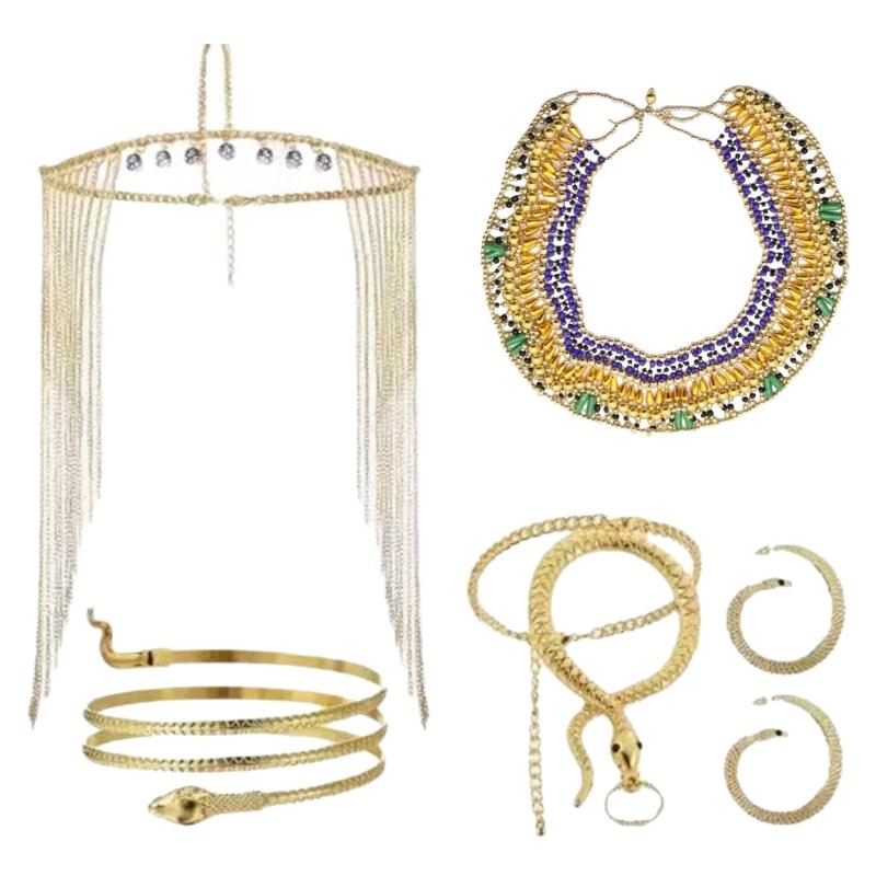 Egyptian Costume Accessories, Headpiece Necklace Snake Armband Snake Bracelet Earrings for Women Cosplay Party