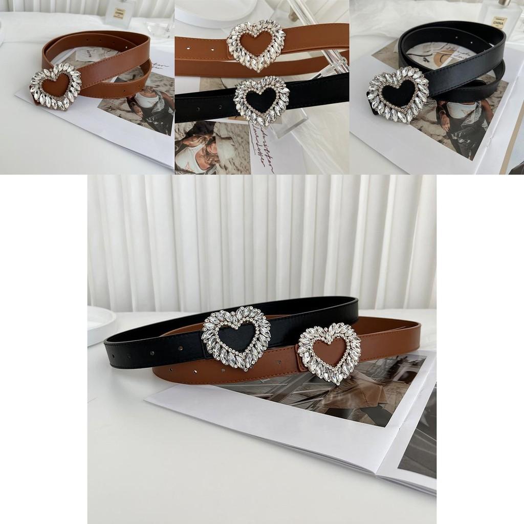 Elegant Women's Pu Leather Belt With Heart Shaped Buckle And Rhinestone Embellishments