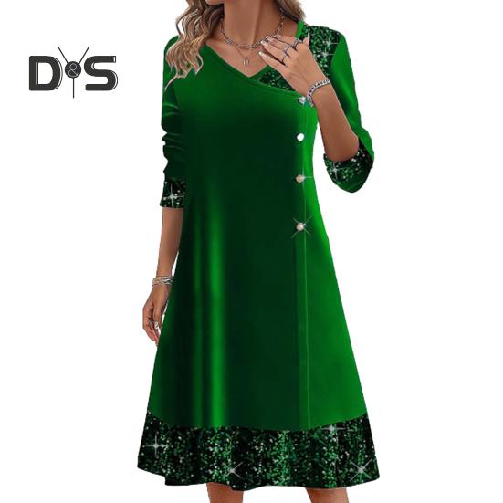 Fall Winter Women Dress Shiny Sequin Patchwork V Neck A Line Big Swing Long Sleeve Button Decor Solid Color Soft Warm Mid Calf Length Lady Midi Dress