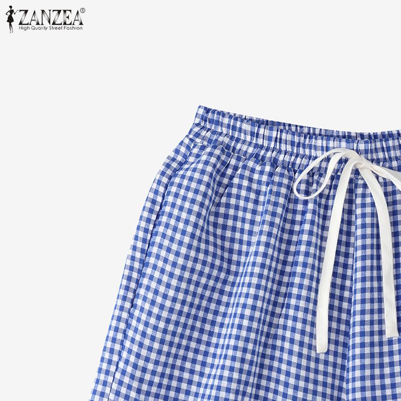 ZANZEA Women Casual Elastic Waist Loose Plaid Print Summer Shorts