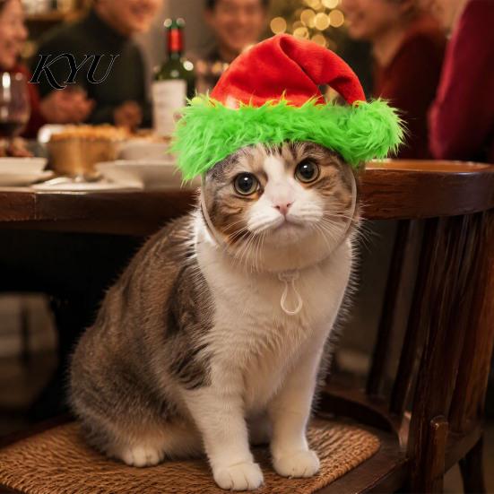 Adjustable Dog Cat Hat Christmas Pet Hat, Plush with Fuzzy Green Trim, Santa Photo Prop Elastic Band for Cats Dogs Festive Costume Accessory