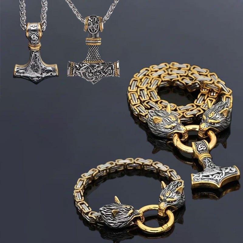 4-piece Viking Odin Runehammer Pendant Necklace and Wolf Head Bracelet Set, Men s Vintage Nordic Norwegian Style Pendant Necklace золотистый