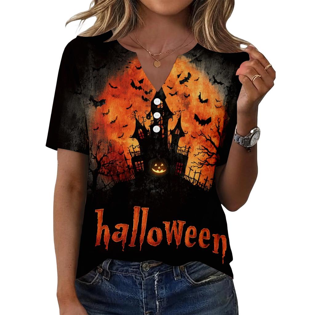 Women Casual V Neck Button Front Halloween Print T Shirt Top Three Quarter Sleeve Lightweight Soft Fabric Relaxed Fit