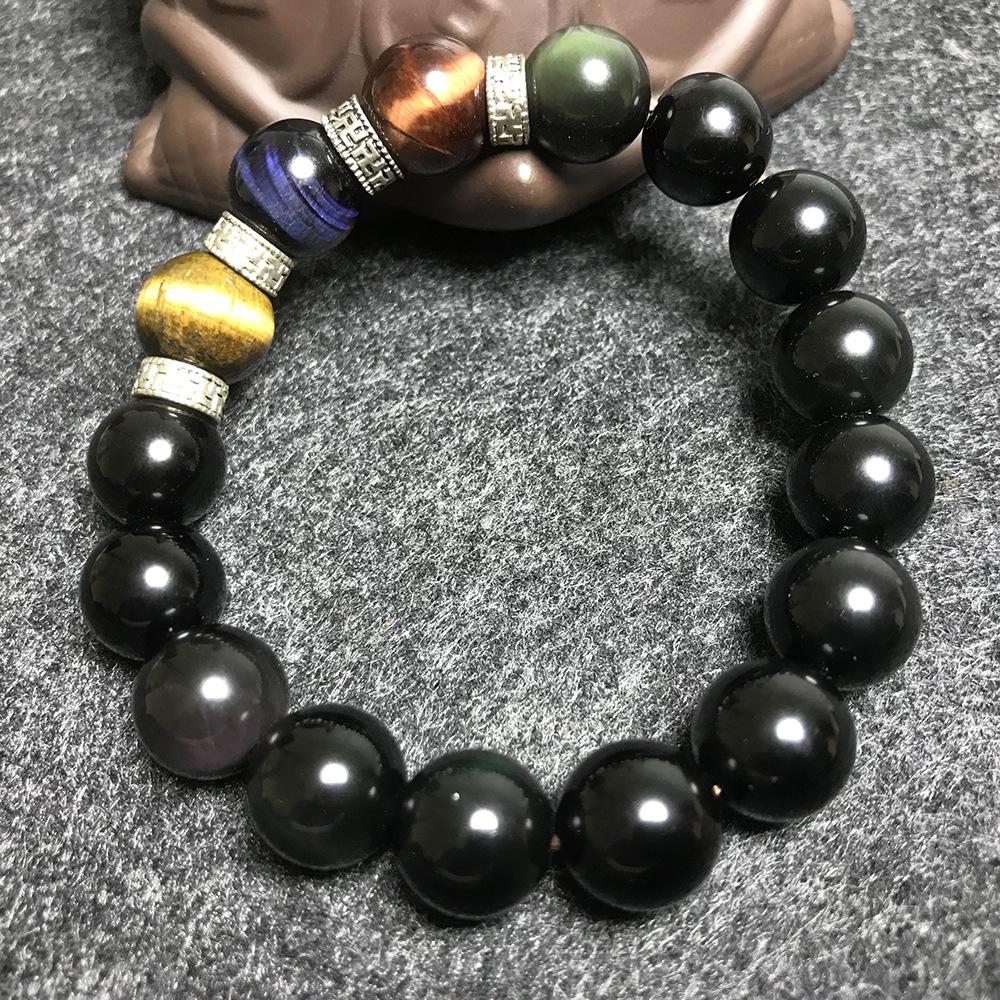 12mm Natural Obsidian  Yellow Tiger Eye Men s Beaded Bracelet Handmade