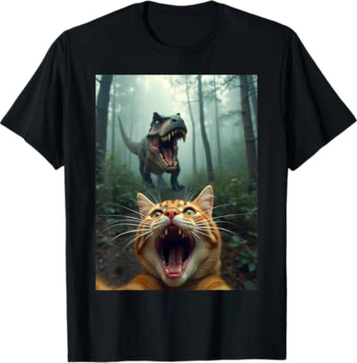 Cat Selfie with T-Rex Dinosaur T-Shirt XL