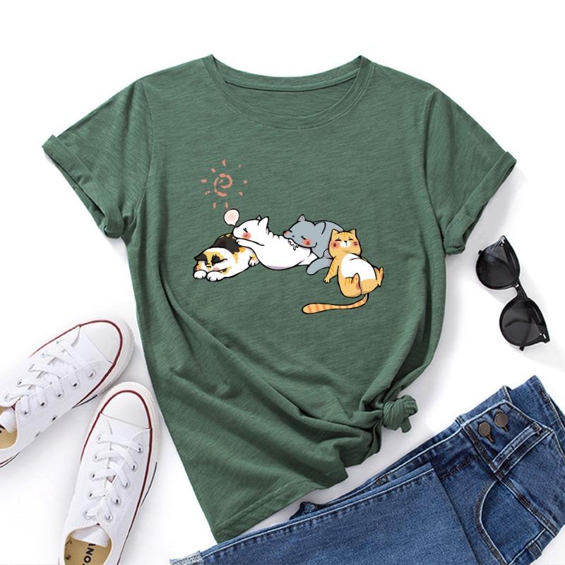 T-shirt estive da donna in cotone a maniche corte e girocollo ampio con stampa di gatto che dorme
