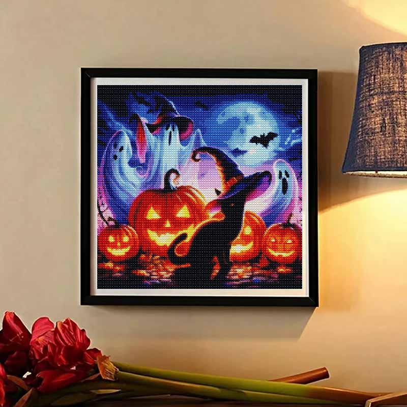 DIY Diamond Art Painting Kit Halloween Witch Pumpkins Pattern Full Drill Canvas Creative Handmade Craft Gift for Adults Decor Home