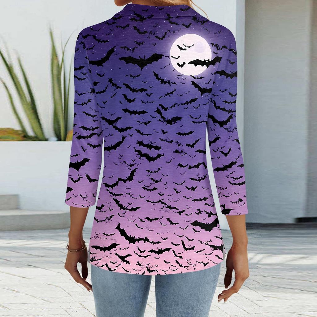 Dámská móda Ležérní Klopa Krátký 3/4 rukáv Halloweenský potisk Košile Dámské Zapínací topy