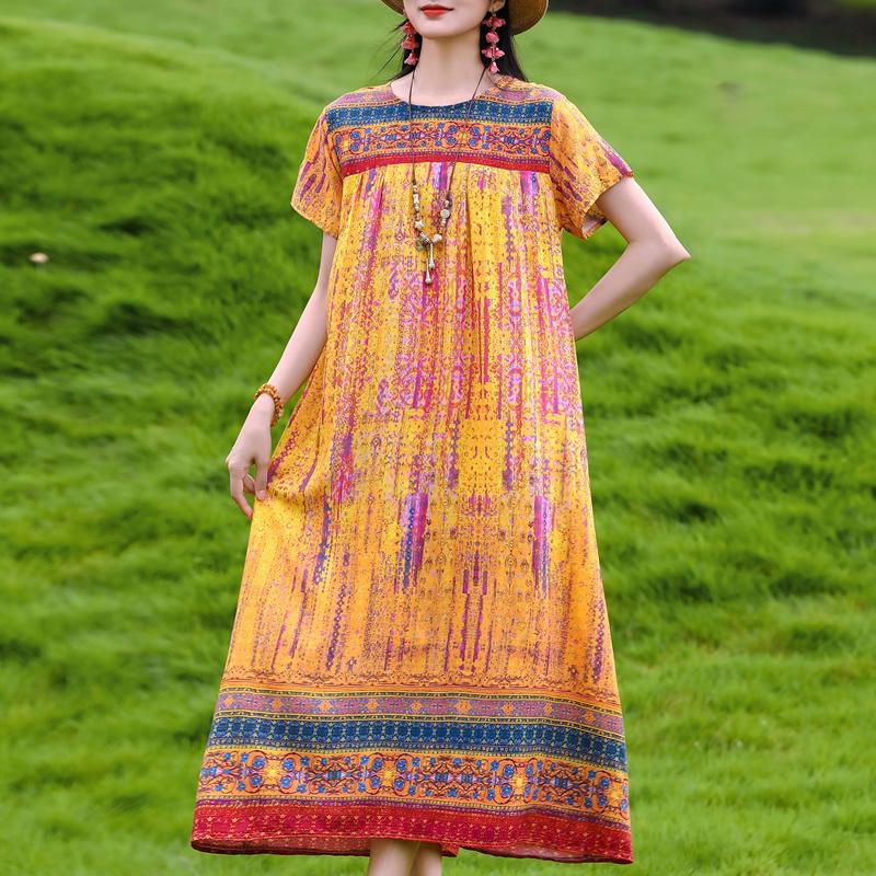Damen Plus Size Boho-Print Maxikleid, Kurzarm Freizeit-Sonnenkleid (XL-5XL)