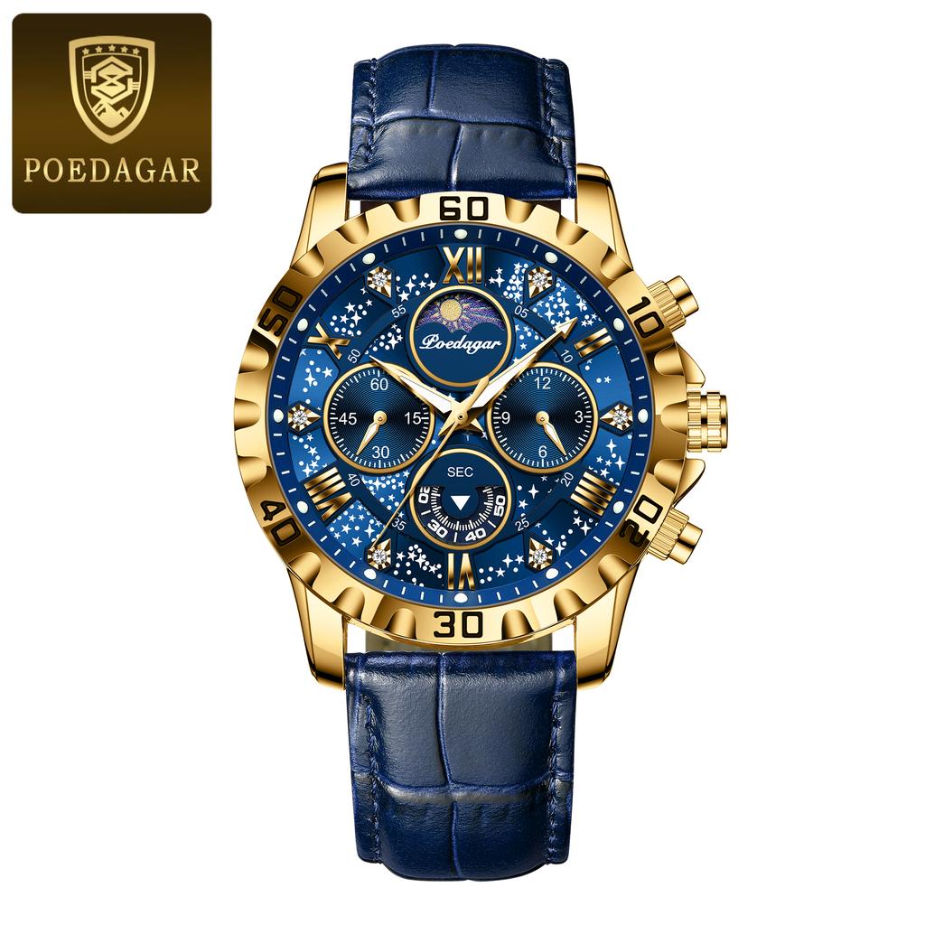 POEDAGAR Original Military Man Wristwatch Waterproof Luminous Chronograph Leather Strap Watches for Men Quartz Watch Reloj