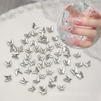 50Pcs Mini Butterfly Nail Accessories Silver Alloy Diamond Metal 3D Fingertip Tiny Butterfly Diamond Charms Decorations