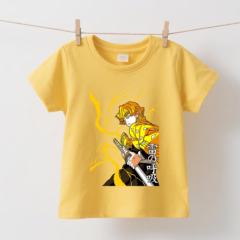 Demon Slayer Zenitsu Anime Print Cotton T Shirt for Children Boys Girls Summer Short Sleeve Casual Daily Wear Tops