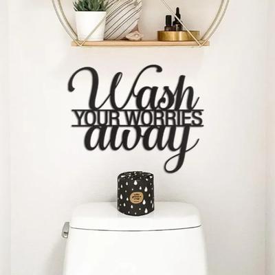 Wash Your Worries Away Metal Sign: Black Farmhouse Décor for Chic Spaces.Unique Metal Plaque: ‘Wash Worries’ for Bathroom Art.