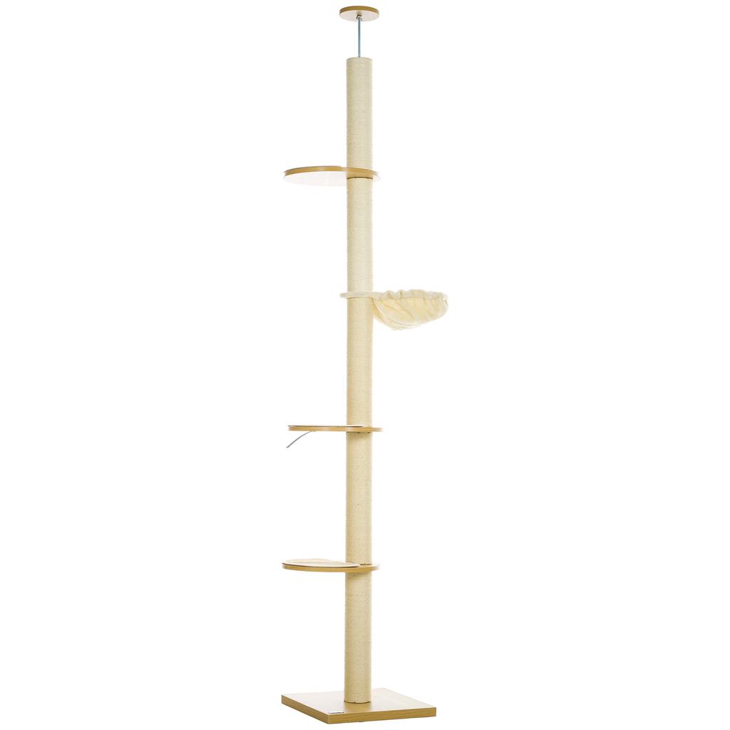 Floor To Ceiling Cat Tree Anti Tip Safety Sisal Rope Posts Engineered Wood Oak And Cream White