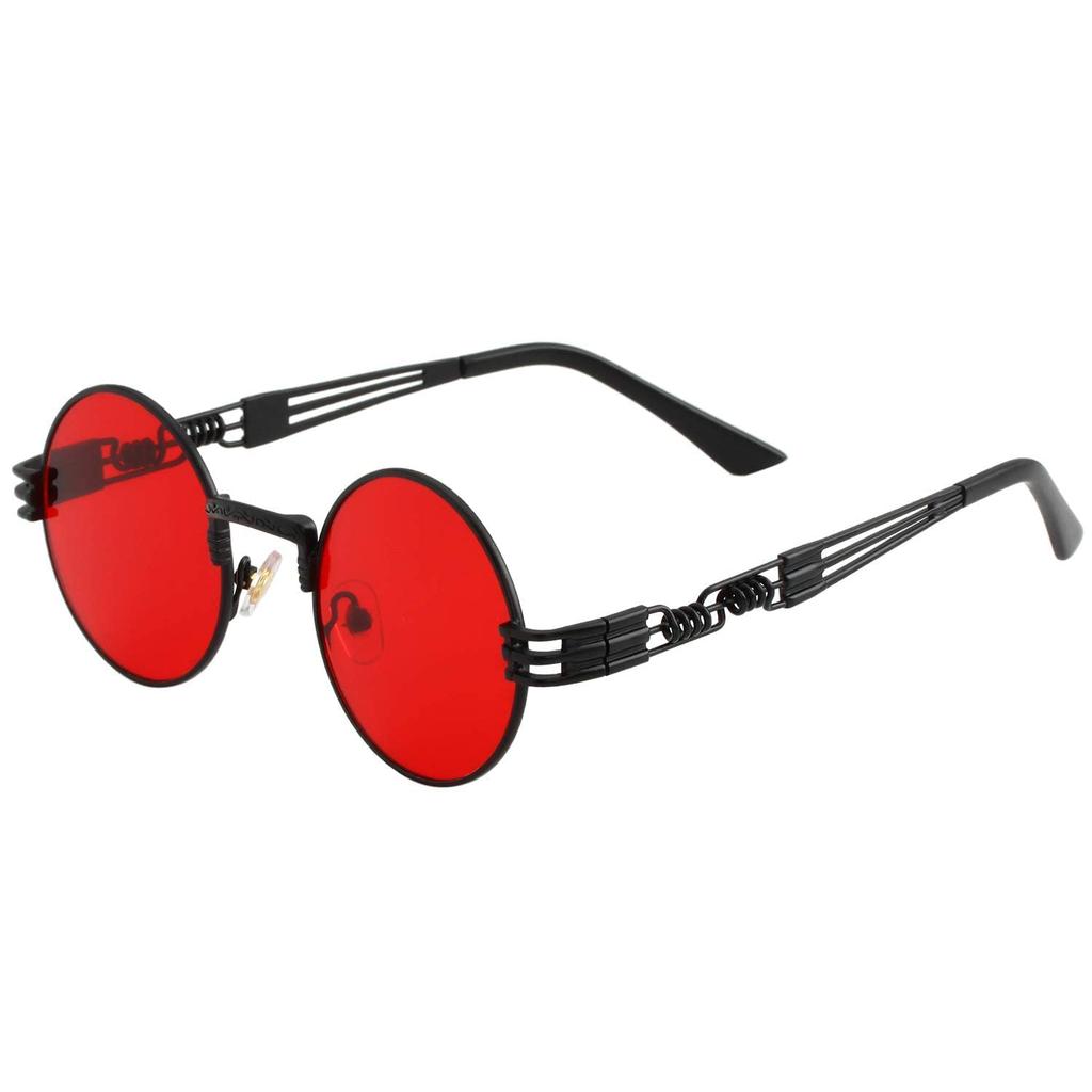 Kursan Round Sunglasses for Men and Hippie Retro Metal UV 400 A2 Black Size M Women, Glasses, Frame, Protection, Frame/Red Lens,