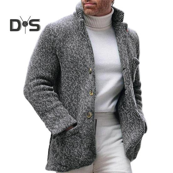 

Мужской винтажный свитер с воротником-стойкой, повседневный однобортный свитер с воротником-стойкой, длинными рукавами и карманами, тонкий свитер, пальто L серый