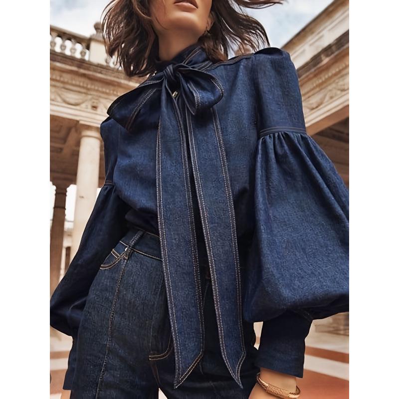 2025 Trendiges Damen-Denimhemd im europäischen Stil mit Schnür-Fliege