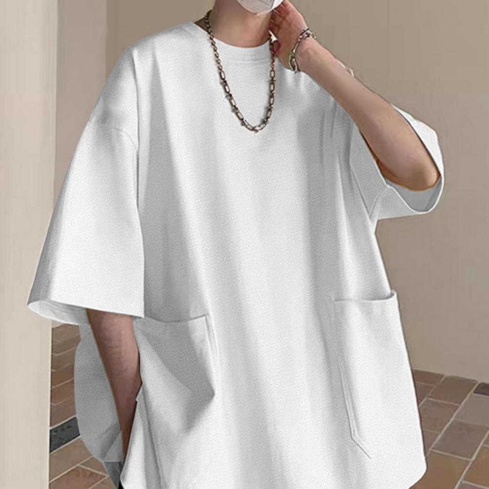 

Мужская однотонная футболка с карманами, свободный крой, однотонный топ, рукава до локтя, для активного отдыха S белый