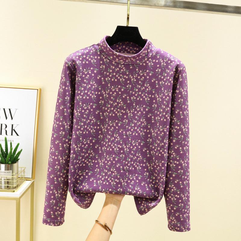 

Бархатный цветочный женский флисовый топ с высоким воротом и длинными рукавами для зимы XL (80–100 pounds) баклажановый/фиолетовый