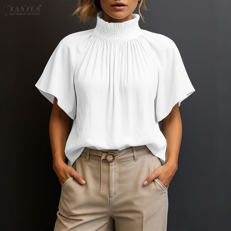 ZANZEA Women Casual Turtleneck Loose Summer Short Sleeve Blouse