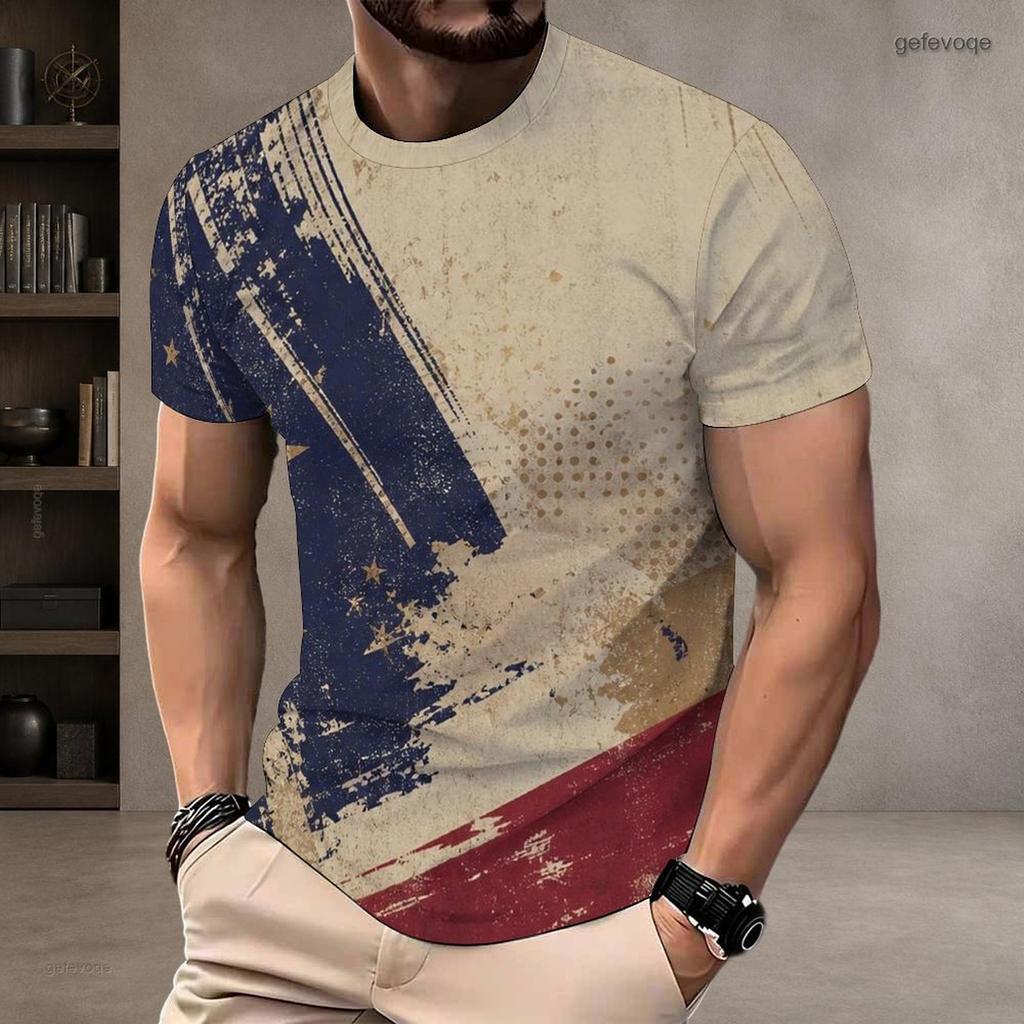 Men Plus Size Round Neck Short Sleeve American Flag Printed Casual T Shirt