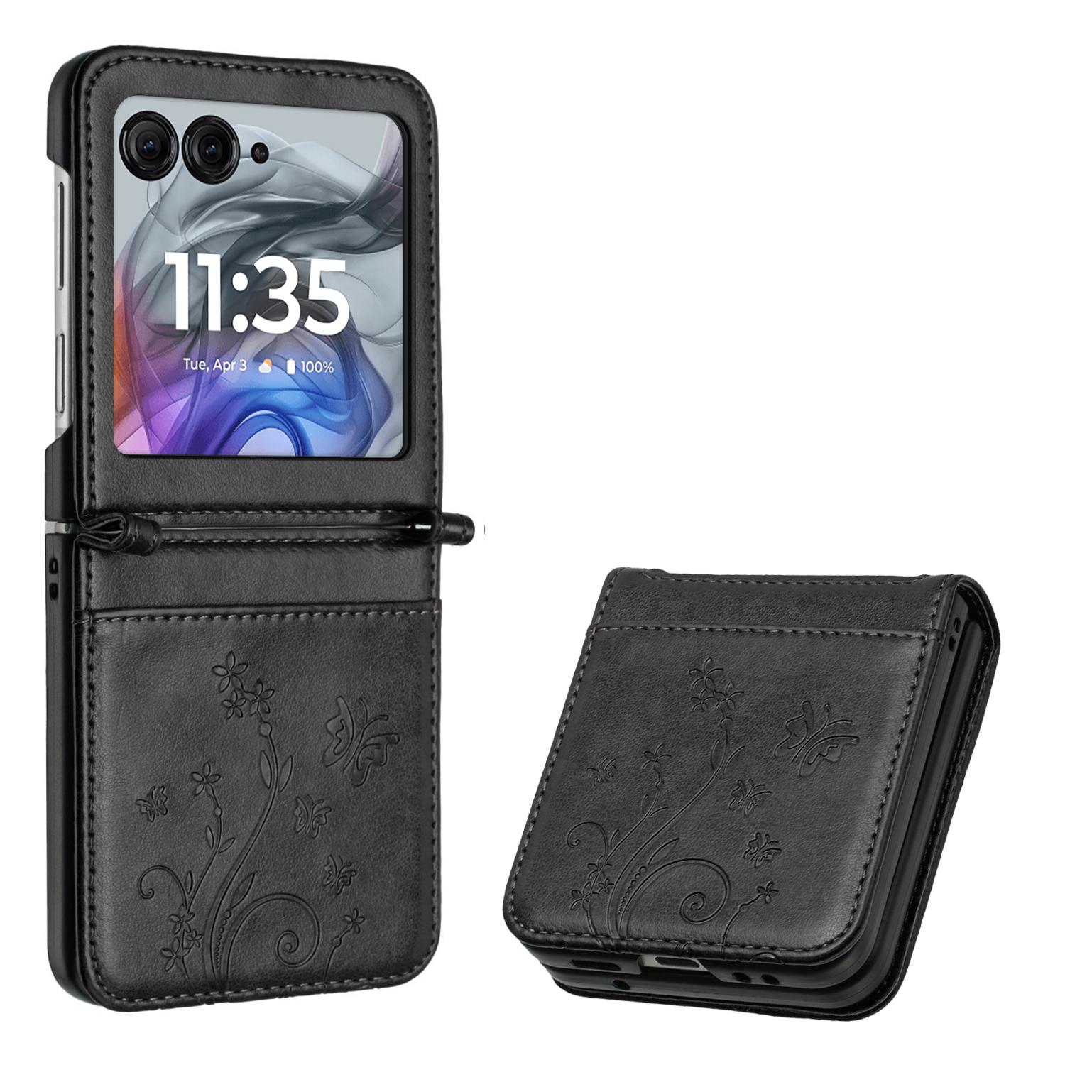 

Кожаный чехол для Motorola Razr 60/50 5G с тиснением в виде бабочки и цветка, чехол для телефона с ремешком Black