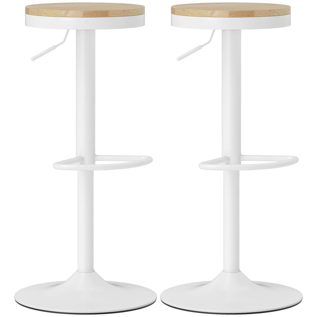 Bar Stool Set of 2, Height-Adjustable 360 degrees Swivel Bar Stool with Steel Frame Footrest 38.5x38.5x60-80 cm Natural Wood+White