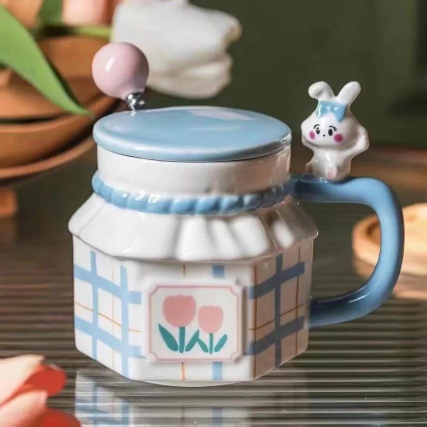 Wholesale 3D Rabbit Relief Mug With Spoon Coffee Cup Cups Drinkware Ceramics & Pottery Mug for Tea Couple Gift Ceramic Mugs Go