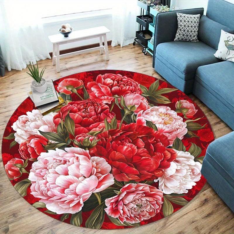Vivid Red Peony Round Rug, Non-Slip Anti-Shedding Carpet for Living Room, Bedroom, Office Polyester Decor