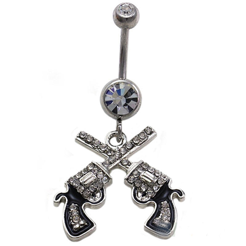 Gray Western Cowboy Cowgirl Revolver Pistol Gun Dangle Belly Button Ring Navel